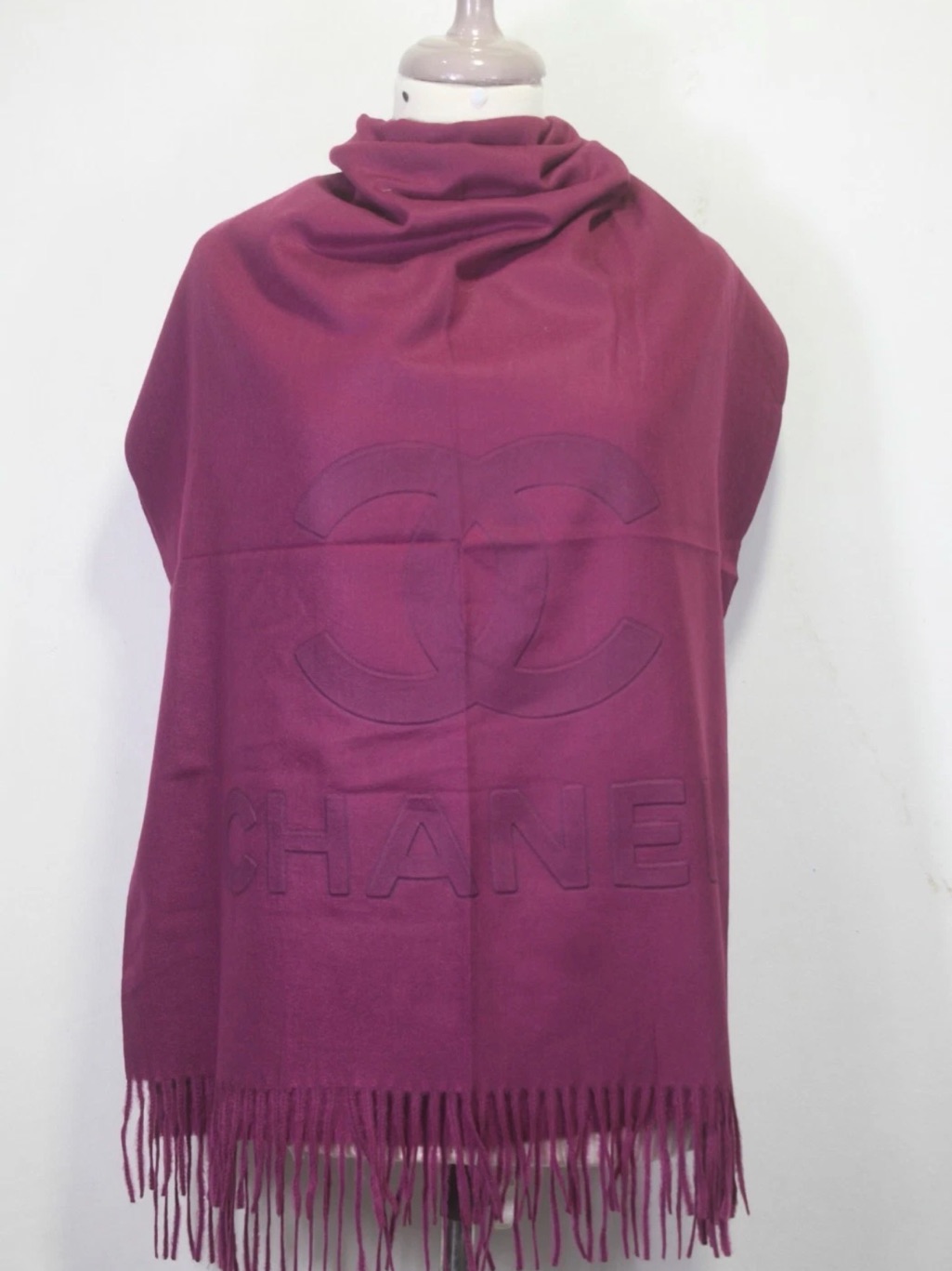 Authentic Chanel Scarf Shawl Stole 100% Cashmere Dark Magenta Used
